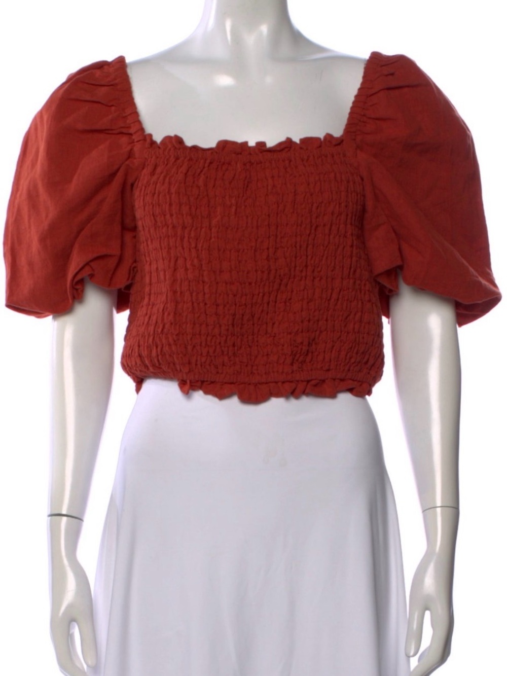Sezane Rust Red Smocked Square-Neck Puff Sleeve Crop Top